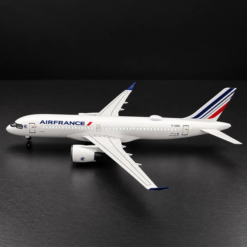 Air France Airbus A220-300 1:100 scale model airplane with detailed livery and display stand.