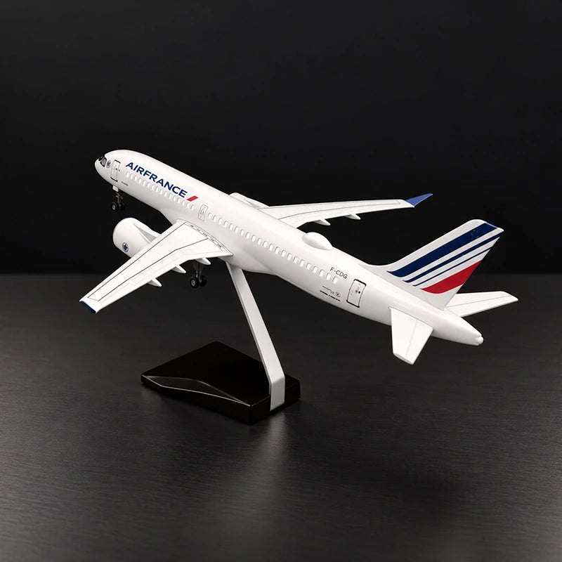 Air France Airbus A220-300 1:100 scale model airplane with detailed livery and display stand.