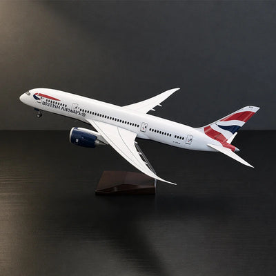 British Airways Boeing 787-9 model aircraft 1:130 scale with LED cabin windows on display stand
