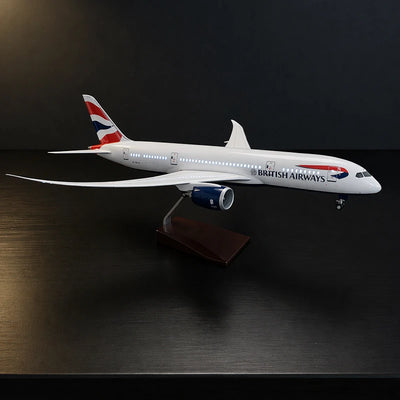 British Airways Boeing 787-9 model aircraft 1:130 scale with LED cabin windows on display stand