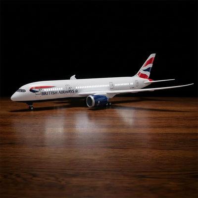 British Airways Boeing 787-9 model aircraft 1:130 scale with LED cabin windows on display stand