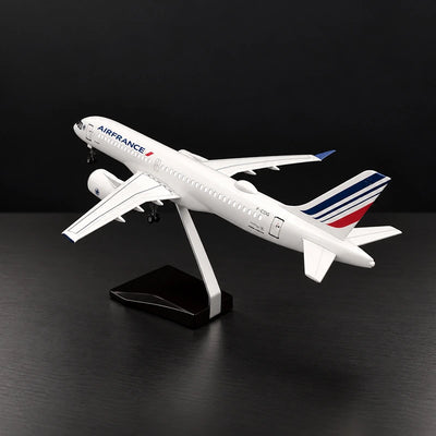 Air France Airbus A220-300 1:100 scale model airplane with detailed livery and display stand.