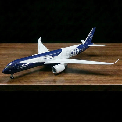 Lufthansa Airbus A350 1:142 scale model airplane with 100th anniversary livery, LED cabin lights and display stand.