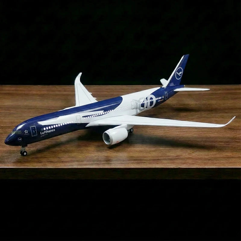 Lufthansa Airbus A350 1:142 scale model airplane with 100th anniversary livery, LED cabin lights and display stand.