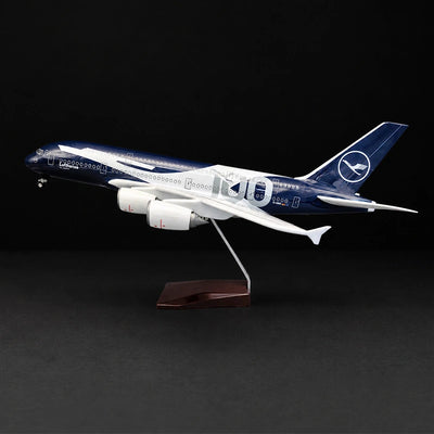 Lufthansa Airbus A380 100th Anniversary 1:160 scale model airplane with LED cabin lights and display stand.