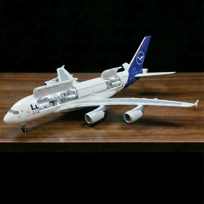 Lufthansa Airbus A380 model airplane with openable cabin and detailed interior display