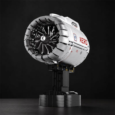 Front view of the detailed turbofan blades and display stand